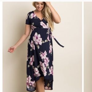 Blue Floral Hi-Low Maternity Wrap Dress